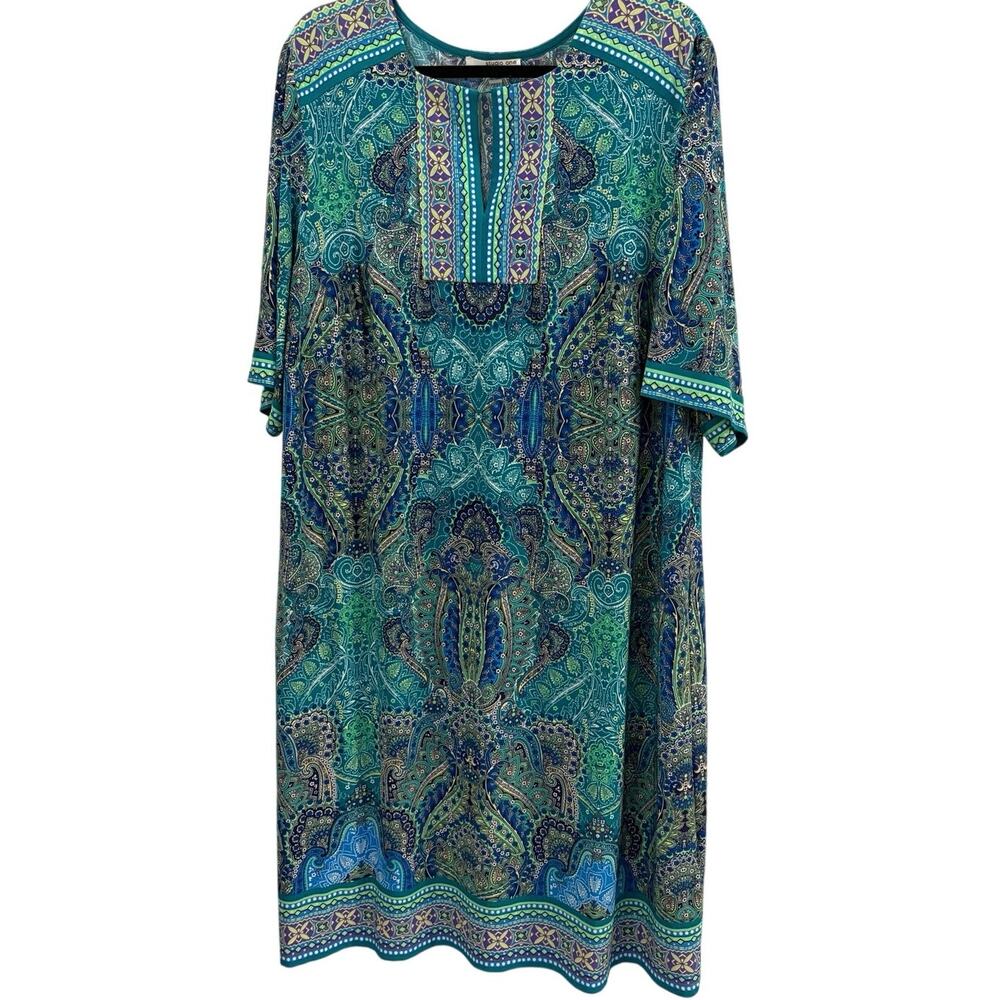 Studio One 2X Boho Shift Dress Geometric Paisley Print Colorful Jersey Knit